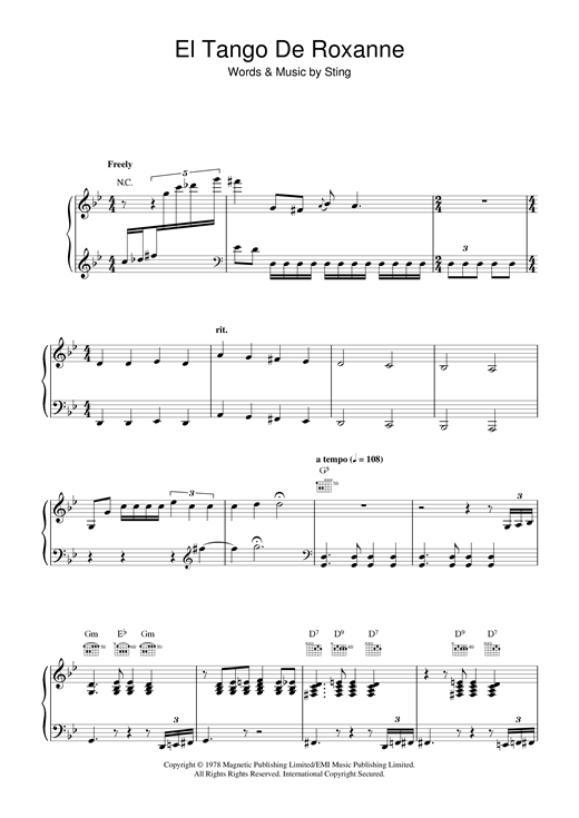 Preview Sting El Tango De Roxanne Rock sheet music, notes and chords for Piano, Vocal & Guitar, SKU: 19136 sheet music, piano notes, chords, guitar tabs, score, transpose, transcribe, how to play, guide, download, learn, tutorial, progression, song, artist, awards, billboard, mtv, vh1, tour, single, album, release