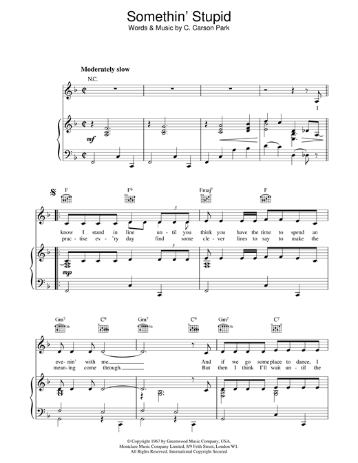 Preview Robbie Williams and Nicole Kidman Somethin' Stupid Pop sheet music, notes and chords for Piano, Vocal & Guitar, SKU: 19138 sheet music, piano notes, chords, guitar tabs, score, transpose, transcribe, how to play, guide, download, learn, tutorial, progression, song, artist, awards, billboard, mtv, vh1, tour, single, album, release