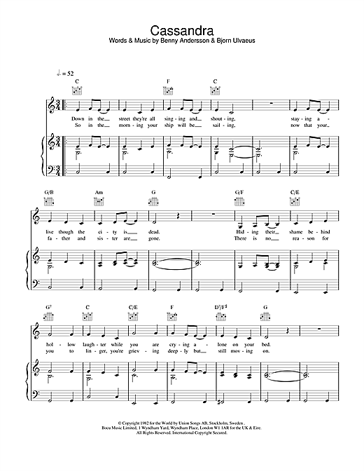 Preview ABBA Cassandra Pop sheet music, notes and chords for Piano, Vocal & Guitar (Right-Hand Melody), SKU: 19139 sheet music, piano notes, chords, guitar tabs, score, transpose, transcribe, how to play, guide, download, learn, tutorial, progression, song, artist, awards, billboard, mtv, vh1, tour, single, album, release