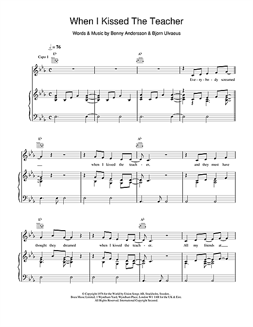 Preview ABBA When I Kissed The Teacher Pop sheet music, notes and chords for Piano, Vocal & Guitar (Right-Hand Melody), SKU: 19140 sheet music, piano notes, chords, guitar tabs, score, transpose, transcribe, how to play, guide, download, learn, tutorial, progression, song, artist, awards, billboard, mtv, vh1, tour, single, album, release