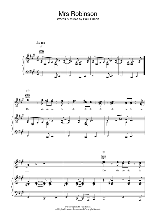 Preview Simon & Garfunkel Mrs. Robinson Pop sheet music, notes and chords for Piano, Vocal & Guitar, SKU: 19141 sheet music, piano notes, chords, guitar tabs, score, transpose, transcribe, how to play, guide, download, learn, tutorial, progression, song, artist, awards, billboard, mtv, vh1, tour, single, album, release