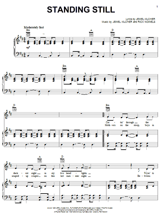Preview Jewel Standing Still Pop sheet music, notes and chords for Piano, Vocal & Guitar (Right-Hand Melody), SKU: 19149 sheet music, piano notes, chords, guitar tabs, score, transpose, transcribe, how to play, guide, download, learn, tutorial, progression, song, artist, awards, billboard, mtv, vh1, tour, single, album, release