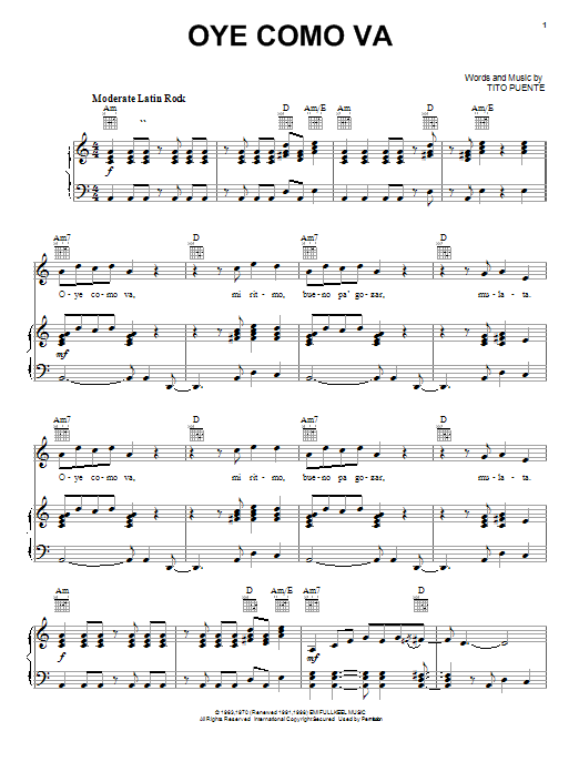 Preview Santana Oye Como Va Pop sheet music, notes and chords for Piano, Vocal & Guitar (Right-Hand Melody), SKU: 19151 sheet music, piano notes, chords, guitar tabs, score, transpose, transcribe, how to play, guide, download, learn, tutorial, progression, song, artist, awards, billboard, mtv, vh1, tour, single, album, release