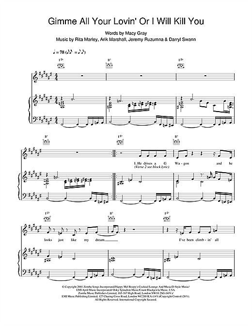 Preview Macy Gray Gimme All Your Lovin' Or I Will Kill You R & B sheet music, notes and chords for Piano, Vocal & Guitar, SKU: 19154 sheet music, piano notes, chords, guitar tabs, score, transpose, transcribe, how to play, guide, download, learn, tutorial, progression, song, artist, awards, billboard, mtv, vh1, tour, single, album, release