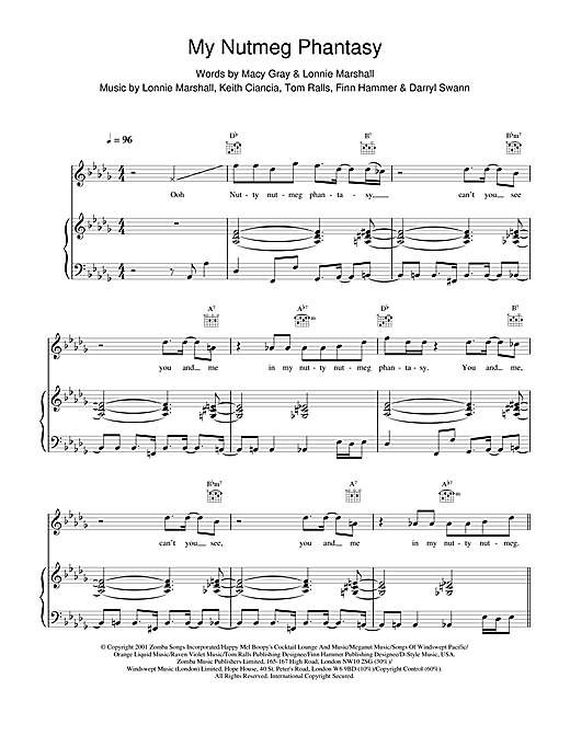 Preview Macy Gray My Nutmeg Phantasy R & B sheet music, notes and chords for Piano, Vocal & Guitar, SKU: 19162 sheet music, piano notes, chords, guitar tabs, score, transpose, transcribe, how to play, guide, download, learn, tutorial, progression, song, artist, awards, billboard, mtv, vh1, tour, single, album, release