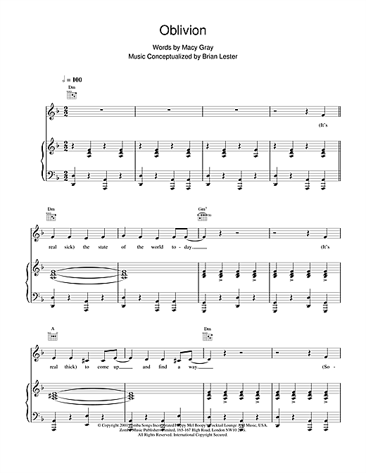 Preview Macy Gray Oblivion R & B sheet music, notes and chords for Piano, Vocal & Guitar, SKU: 19163 sheet music, piano notes, chords, guitar tabs, score, transpose, transcribe, how to play, guide, download, learn, tutorial, progression, song, artist, awards, billboard, mtv, vh1, tour, single, album, release