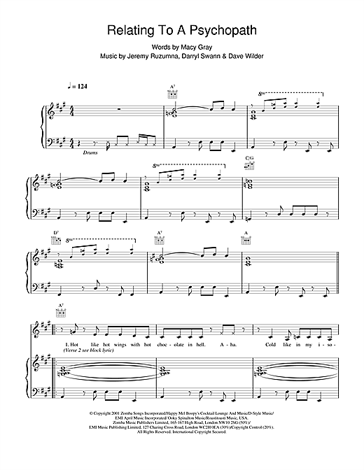 Preview Macy Gray Relating To A Psychopath R & B sheet music, notes and chords for Piano, Vocal & Guitar, SKU: 19164 sheet music, piano notes, chords, guitar tabs, score, transpose, transcribe, how to play, guide, download, learn, tutorial, progression, song, artist, awards, billboard, mtv, vh1, tour, single, album, release