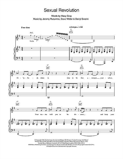 Preview Macy Gray Sexual Revolution R & B sheet music, notes and chords for Piano, Vocal & Guitar, SKU: 19165 sheet music, piano notes, chords, guitar tabs, score, transpose, transcribe, how to play, guide, download, learn, tutorial, progression, song, artist, awards, billboard, mtv, vh1, tour, single, album, release