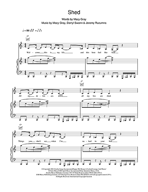 Preview Macy Gray Shed R & B sheet music, notes and chords for Piano, Vocal & Guitar, SKU: 19166 sheet music, piano notes, chords, guitar tabs, score, transpose, transcribe, how to play, guide, download, learn, tutorial, progression, song, artist, awards, billboard, mtv, vh1, tour, single, album, release