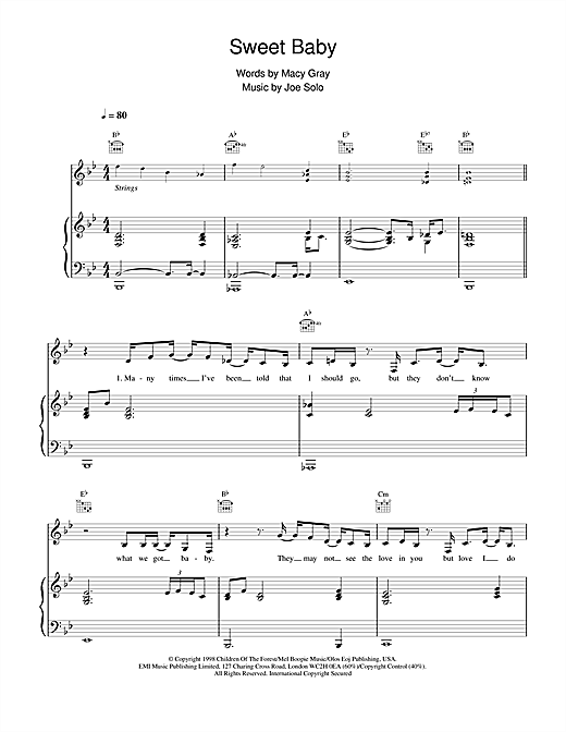 Preview Macy Gray Sweet Baby R & B sheet music, notes and chords for Piano, Vocal & Guitar, SKU: 19167 sheet music, piano notes, chords, guitar tabs, score, transpose, transcribe, how to play, guide, download, learn, tutorial, progression, song, artist, awards, billboard, mtv, vh1, tour, single, album, release