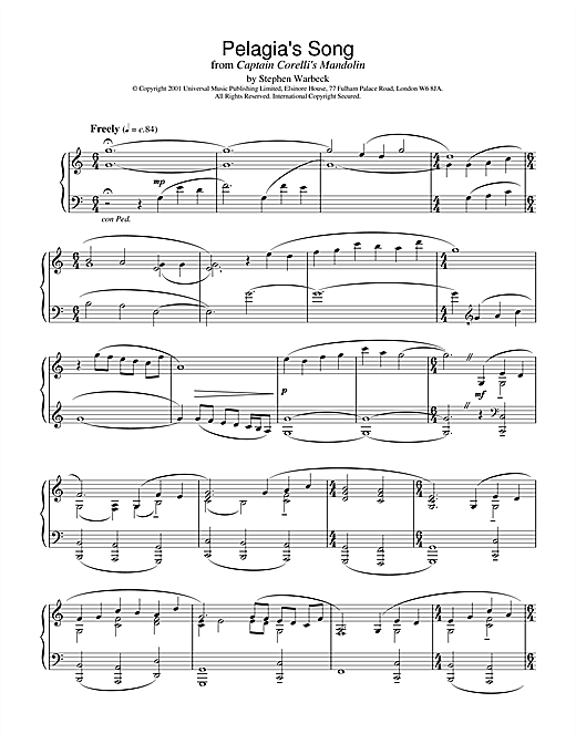 Preview Stephen Warbeck Pelagia's Song (Ricordo Ancor) (from Captain Corelli's Mandolin) Film and TV sheet music, notes and chords for Piano, SKU: 19168 sheet music, piano notes, chords, guitar tabs, score, transpose, transcribe, how to play, guide, download, learn, tutorial, progression, song, artist, awards, billboard, mtv, vh1, tour, single, album, release