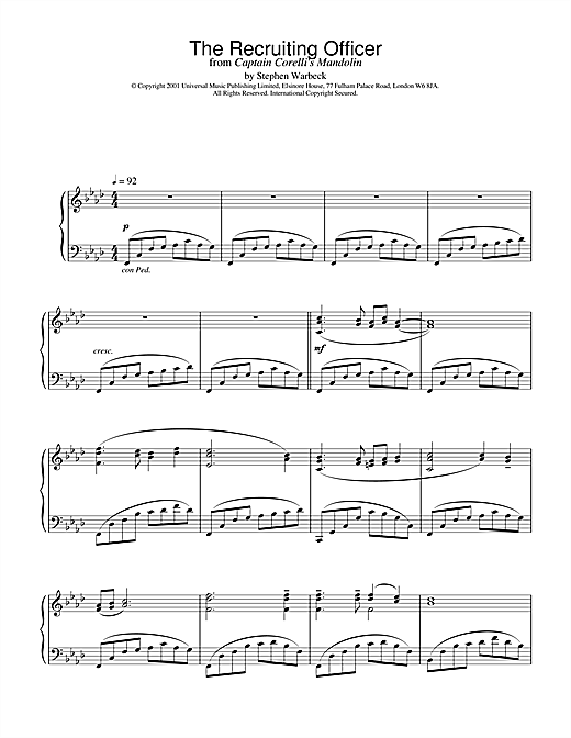 Preview Stephen Warbeck The Recruiting Officer (from Captain Corelli's Mandolin) Film and TV sheet music, notes and chords for Piano, SKU: 19169 sheet music, piano notes, chords, guitar tabs, score, transpose, transcribe, how to play, guide, download, learn, tutorial, progression, song, artist, awards, billboard, mtv, vh1, tour, single, album, release