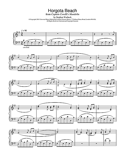 Preview Stephen Warbeck Horgota Beach (from Captain Corelli's Mandolin) Film and TV sheet music, notes and chords for Piano, SKU: 19170 sheet music, piano notes, chords, guitar tabs, score, transpose, transcribe, how to play, guide, download, learn, tutorial, progression, song, artist, awards, billboard, mtv, vh1, tour, single, album, release