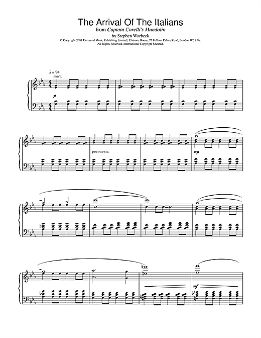 Preview Stephen Warbeck The Arrival Of The Italians (from Captain Corelli's Mandolin) Film and TV sheet music, notes and chords for Piano, SKU: 19171 sheet music, piano notes, chords, guitar tabs, score, transpose, transcribe, how to play, guide, download, learn, tutorial, progression, song, artist, awards, billboard, mtv, vh1, tour, single, album, release