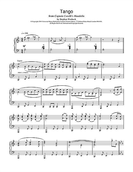 Preview Stephen Warbeck The Tango (from Captain Corelli's Mandolin) Film and TV sheet music, notes and chords for Piano, SKU: 19172 sheet music, piano notes, chords, guitar tabs, score, transpose, transcribe, how to play, guide, download, learn, tutorial, progression, song, artist, awards, billboard, mtv, vh1, tour, single, album, release