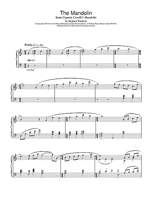 Preview Stephen Warbeck The Mandolin (from Captain Corelli's Mandolin) Film and TV sheet music, notes and chords for Piano, SKU: 19174 sheet music, piano notes, chords, guitar tabs, score, transpose, transcribe, how to play, guide, download, learn, tutorial, progression, song, artist, awards, billboard, mtv, vh1, tour, single, album, release