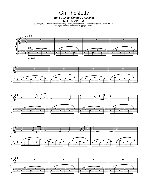 Preview Stephen Warbeck On The Jetty (from Captain Corelli's Mandolin) Film and TV sheet music, notes and chords for Piano, SKU: 19178 sheet music, piano notes, chords, guitar tabs, score, transpose, transcribe, how to play, guide, download, learn, tutorial, progression, song, artist, awards, billboard, mtv, vh1, tour, single, album, release