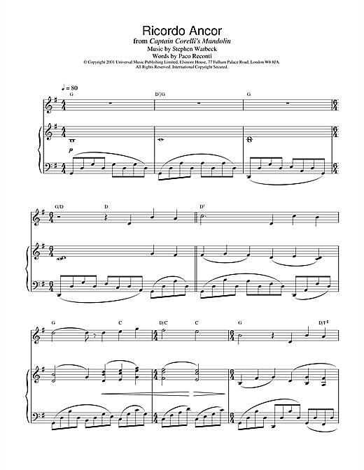 Preview Stephen Warbeck Pelagia's Song (Ricordo Ancor) (from Captain Corelli's Mandolin) Film and TV sheet music, notes and chords for Piano, SKU: 19180 sheet music, piano notes, chords, guitar tabs, score, transpose, transcribe, how to play, guide, download, learn, tutorial, progression, song, artist, awards, billboard, mtv, vh1, tour, single, album, release