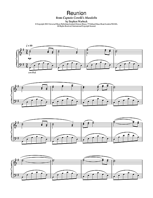 Preview Stephen Warbeck Reunion (from Captain Corelli's Mandolin) Film and TV sheet music, notes and chords for Piano, SKU: 19181 sheet music, piano notes, chords, guitar tabs, score, transpose, transcribe, how to play, guide, download, learn, tutorial, progression, song, artist, awards, billboard, mtv, vh1, tour, single, album, release