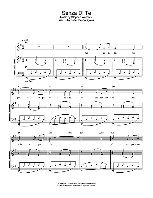 Preview Stephen Warbeck Senza Di Te (from Captain Corelli's Mandolin) Film and TV sheet music, notes and chords for Piano, SKU: 19182 sheet music, piano notes, chords, guitar tabs, score, transpose, transcribe, how to play, guide, download, learn, tutorial, progression, song, artist, awards, billboard, mtv, vh1, tour, single, album, release
