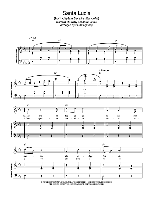 Preview Teodoro Cottrau Santa Lucia (from Captain Corelli's Mandolin) Film and TV sheet music, notes and chords for Piano, SKU: 19183 sheet music, piano notes, chords, guitar tabs, score, transpose, transcribe, how to play, guide, download, learn, tutorial, progression, song, artist, awards, billboard, mtv, vh1, tour, single, album, release