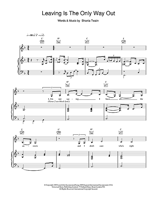 Preview Shania Twain Leaving Is The Only Way Out Pop sheet music, notes and chords for Piano, Vocal & Guitar, SKU: 19190 sheet music, piano notes, chords, guitar tabs, score, transpose, transcribe, how to play, guide, download, learn, tutorial, progression, song, artist, awards, billboard, mtv, vh1, tour, single, album, release