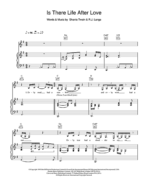 Preview Shania Twain Is There Life After Love Pop sheet music, notes and chords for Piano, Vocal & Guitar, SKU: 19191 sheet music, piano notes, chords, guitar tabs, score, transpose, transcribe, how to play, guide, download, learn, tutorial, progression, song, artist, awards, billboard, mtv, vh1, tour, single, album, release