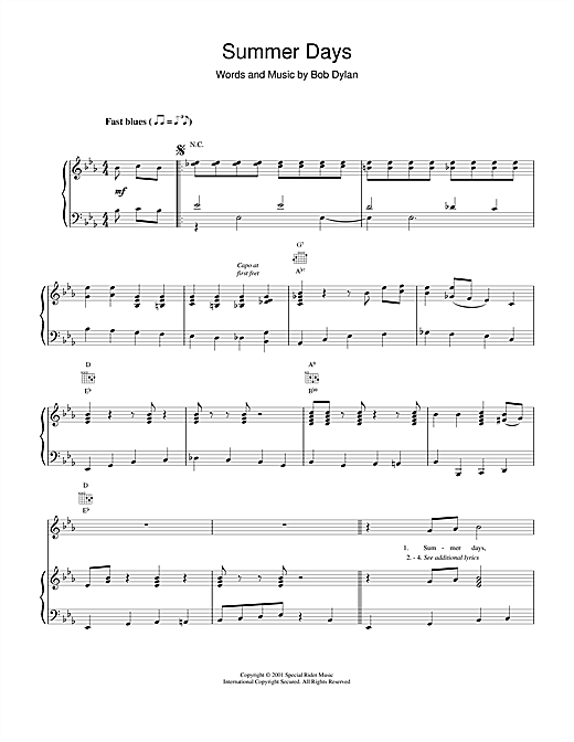 Preview Bob Dylan Summer Days Rock sheet music, notes and chords for Piano, Vocal & Guitar (Right-Hand Melody), SKU: 19194 sheet music, piano notes, chords, guitar tabs, score, transpose, transcribe, how to play, guide, download, learn, tutorial, progression, song, artist, awards, billboard, mtv, vh1, tour, single, album, release