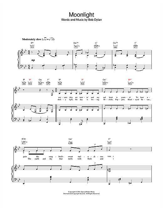 Preview Bob Dylan Moonlight Rock sheet music, notes and chords for Piano, Vocal & Guitar (Right-Hand Melody), SKU: 19195 sheet music, piano notes, chords, guitar tabs, score, transpose, transcribe, how to play, guide, download, learn, tutorial, progression, song, artist, awards, billboard, mtv, vh1, tour, single, album, release