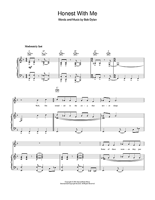 Preview Bob Dylan Honest With Me Rock sheet music, notes and chords for Piano, Vocal & Guitar (Right-Hand Melody), SKU: 19196 sheet music, piano notes, chords, guitar tabs, score, transpose, transcribe, how to play, guide, download, learn, tutorial, progression, song, artist, awards, billboard, mtv, vh1, tour, single, album, release