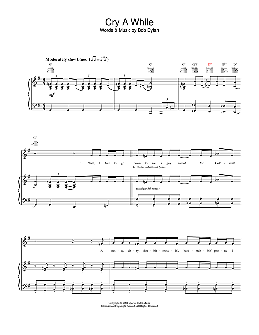Preview Bob Dylan Cry A While Rock sheet music, notes and chords for Piano, Vocal & Guitar (Right-Hand Melody), SKU: 19197 sheet music, piano notes, chords, guitar tabs, score, transpose, transcribe, how to play, guide, download, learn, tutorial, progression, song, artist, awards, billboard, mtv, vh1, tour, single, album, release