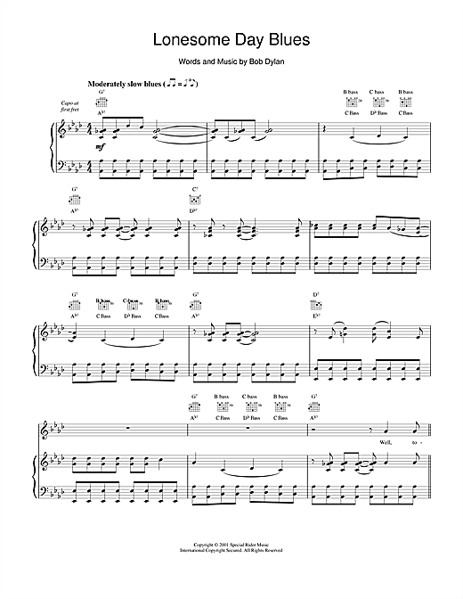 Preview Bob Dylan Lonesome Day Blues Rock sheet music, notes and chords for Piano, Vocal & Guitar (Right-Hand Melody), SKU: 19198 sheet music, piano notes, chords, guitar tabs, score, transpose, transcribe, how to play, guide, download, learn, tutorial, progression, song, artist, awards, billboard, mtv, vh1, tour, single, album, release