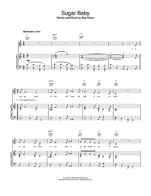 Preview Bob Dylan Sugar Baby Rock sheet music, notes and chords for Piano, Vocal & Guitar (Right-Hand Melody), SKU: 19200 sheet music, piano notes, chords, guitar tabs, score, transpose, transcribe, how to play, guide, download, learn, tutorial, progression, song, artist, awards, billboard, mtv, vh1, tour, single, album, release