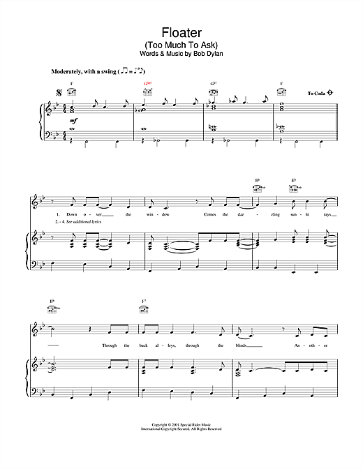Preview Bob Dylan Floater Rock sheet music, notes and chords for Piano, Vocal & Guitar (Right-Hand Melody), SKU: 19201 sheet music, piano notes, chords, guitar tabs, score, transpose, transcribe, how to play, guide, download, learn, tutorial, progression, song, artist, awards, billboard, mtv, vh1, tour, single, album, release
