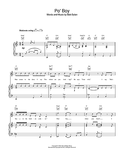 Preview Bob Dylan Po' Boy Rock sheet music, notes and chords for Piano, Vocal & Guitar (Right-Hand Melody), SKU: 19202 sheet music, piano notes, chords, guitar tabs, score, transpose, transcribe, how to play, guide, download, learn, tutorial, progression, song, artist, awards, billboard, mtv, vh1, tour, single, album, release