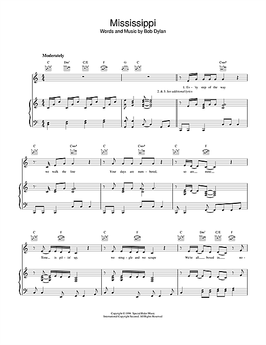 Preview Bob Dylan Mississippi Rock sheet music, notes and chords for Piano, Vocal & Guitar (Right-Hand Melody), SKU: 19203 sheet music, piano notes, chords, guitar tabs, score, transpose, transcribe, how to play, guide, download, learn, tutorial, progression, song, artist, awards, billboard, mtv, vh1, tour, single, album, release