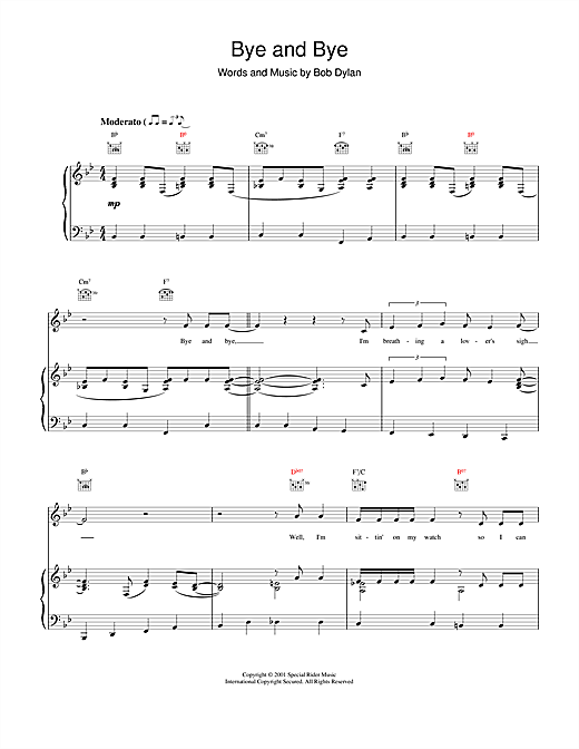 Preview Bob Dylan Bye and Bye Rock sheet music, notes and chords for Piano, Vocal & Guitar (Right-Hand Melody), SKU: 19204 sheet music, piano notes, chords, guitar tabs, score, transpose, transcribe, how to play, guide, download, learn, tutorial, progression, song, artist, awards, billboard, mtv, vh1, tour, single, album, release