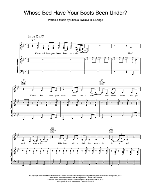 Preview Shania Twain Whose Bed Have Your Boots Been Under? Pop sheet music, notes and chords for Piano, Vocal & Guitar, SKU: 19208 sheet music, piano notes, chords, guitar tabs, score, transpose, transcribe, how to play, guide, download, learn, tutorial, progression, song, artist, awards, billboard, mtv, vh1, tour, single, album, release