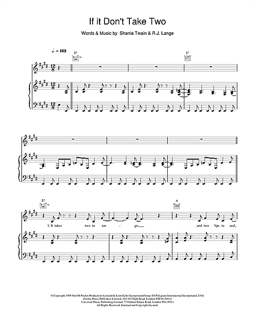 Preview Shania Twain If It Don't Take Two Pop sheet music, notes and chords for Piano, Vocal & Guitar, SKU: 19210 sheet music, piano notes, chords, guitar tabs, score, transpose, transcribe, how to play, guide, download, learn, tutorial, progression, song, artist, awards, billboard, mtv, vh1, tour, single, album, release
