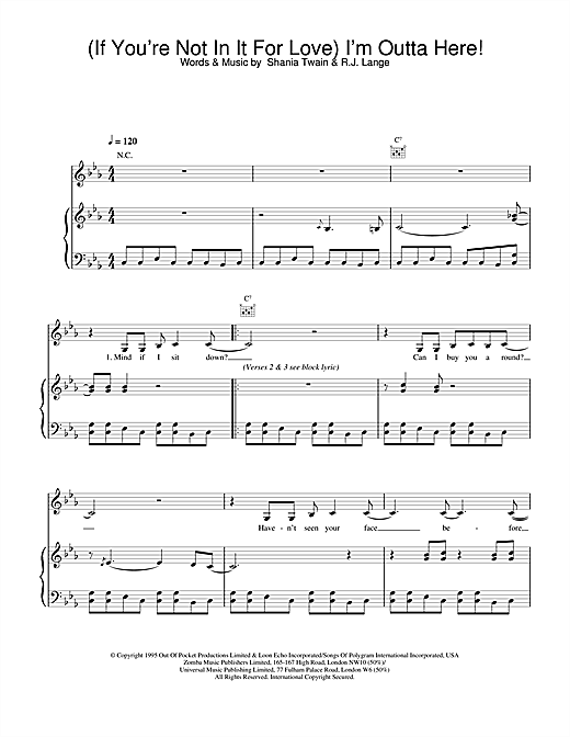 Preview Shania Twain (If You're Not In It For Love) I'm Outta Here! Pop sheet music, notes and chords for Piano, Vocal & Guitar, SKU: 19211 sheet music, piano notes, chords, guitar tabs, score, transpose, transcribe, how to play, guide, download, learn, tutorial, progression, song, artist, awards, billboard, mtv, vh1, tour, single, album, release