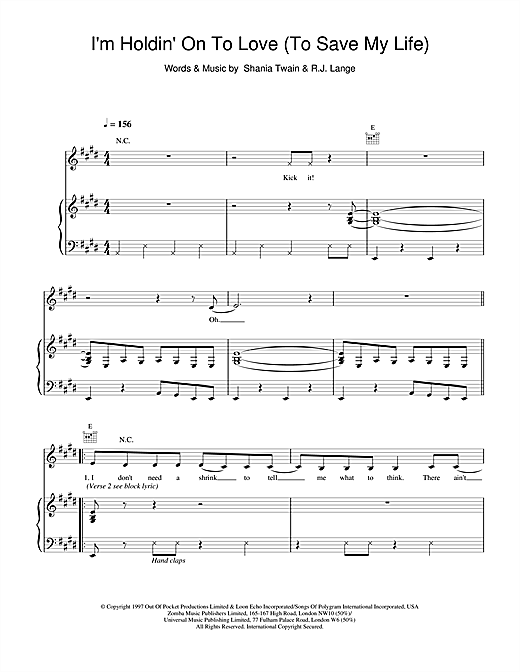 Preview Shania Twain I'm Holdin' On To Love (To Save My Life) Pop sheet music, notes and chords for Piano, Vocal & Guitar, SKU: 19212 sheet music, piano notes, chords, guitar tabs, score, transpose, transcribe, how to play, guide, download, learn, tutorial, progression, song, artist, awards, billboard, mtv, vh1, tour, single, album, release