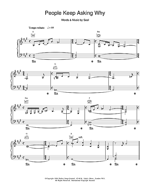 Preview Seal People Keep Asking Why Pop sheet music, notes and chords for Piano, Vocal & Guitar, SKU: 19214 sheet music, piano notes, chords, guitar tabs, score, transpose, transcribe, how to play, guide, download, learn, tutorial, progression, song, artist, awards, billboard, mtv, vh1, tour, single, album, release