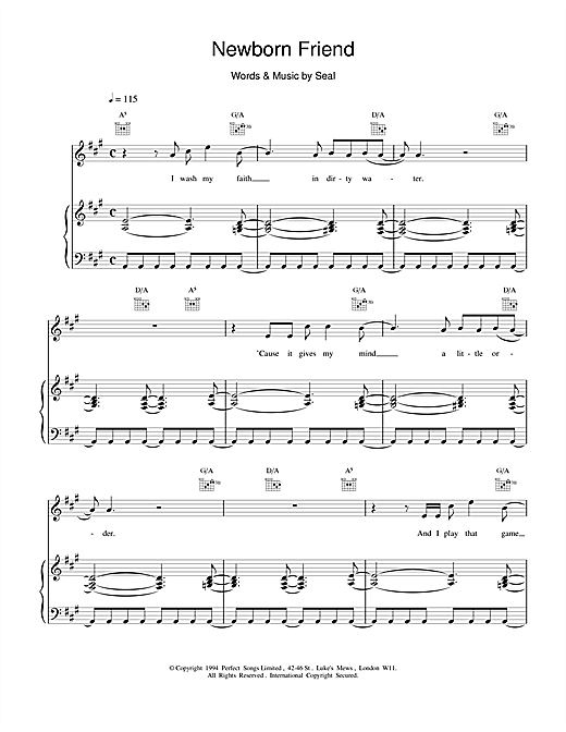Preview Seal Newborn Friend Pop sheet music, notes and chords for Piano, Vocal & Guitar, SKU: 19215 sheet music, piano notes, chords, guitar tabs, score, transpose, transcribe, how to play, guide, download, learn, tutorial, progression, song, artist, awards, billboard, mtv, vh1, tour, single, album, release