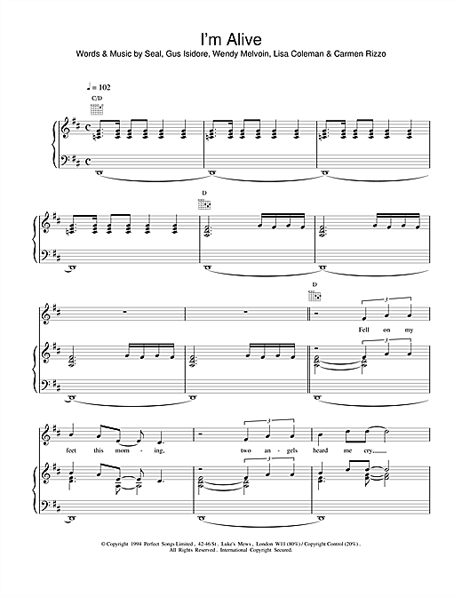 Preview Seal I'm Alive Pop sheet music, notes and chords for Piano, Vocal & Guitar (Right-Hand Melody), SKU: 19217 sheet music, piano notes, chords, guitar tabs, score, transpose, transcribe, how to play, guide, download, learn, tutorial, progression, song, artist, awards, billboard, mtv, vh1, tour, single, album, release