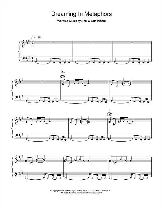 Preview Seal Dreaming In Metaphors Pop sheet music, notes and chords for Piano, Vocal & Guitar (Right-Hand Melody), SKU: 19219 sheet music, piano notes, chords, guitar tabs, score, transpose, transcribe, how to play, guide, download, learn, tutorial, progression, song, artist, awards, billboard, mtv, vh1, tour, single, album, release