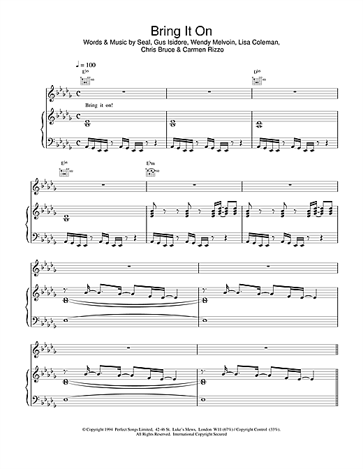 Preview Seal Bring It On Pop sheet music, notes and chords for Piano, Vocal & Guitar, SKU: 19221 sheet music, piano notes, chords, guitar tabs, score, transpose, transcribe, how to play, guide, download, learn, tutorial, progression, song, artist, awards, billboard, mtv, vh1, tour, single, album, release