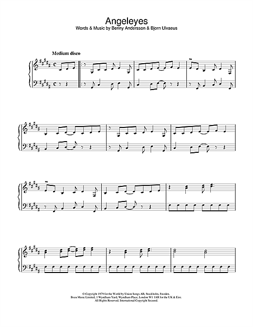 Preview ABBA Angeleyes Pop sheet music, notes and chords for Piano, Vocal & Guitar (Right-Hand Melody), SKU: 19223 sheet music, piano notes, chords, guitar tabs, score, transpose, transcribe, how to play, guide, download, learn, tutorial, progression, song, artist, awards, billboard, mtv, vh1, tour, single, album, release