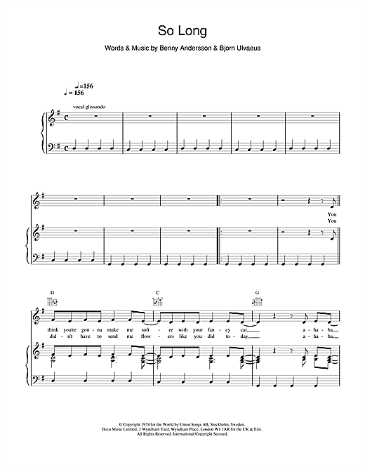 Preview ABBA So Long Pop sheet music, notes and chords for Piano, Vocal & Guitar (Right-Hand Melody), SKU: 19225 sheet music, piano notes, chords, guitar tabs, score, transpose, transcribe, how to play, guide, download, learn, tutorial, progression, song, artist, awards, billboard, mtv, vh1, tour, single, album, release