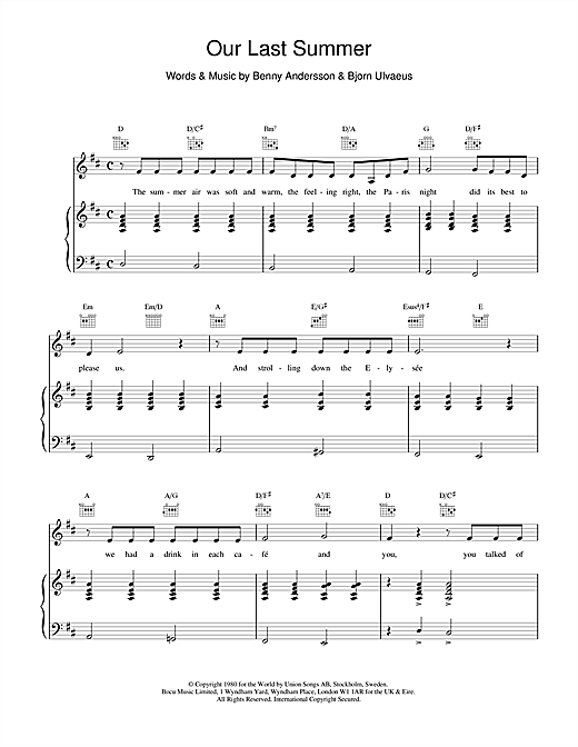 Preview ABBA Our Last Summer Pop sheet music, notes and chords for Piano, Vocal & Guitar, SKU: 19226 sheet music, piano notes, chords, guitar tabs, score, transpose, transcribe, how to play, guide, download, learn, tutorial, progression, song, artist, awards, billboard, mtv, vh1, tour, single, album, release