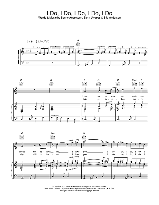 Preview ABBA I Do, I Do, I Do, I Do, I Do Pop sheet music, notes and chords for Piano, Vocal & Guitar, SKU: 19227 sheet music, piano notes, chords, guitar tabs, score, transpose, transcribe, how to play, guide, download, learn, tutorial, progression, song, artist, awards, billboard, mtv, vh1, tour, single, album, release